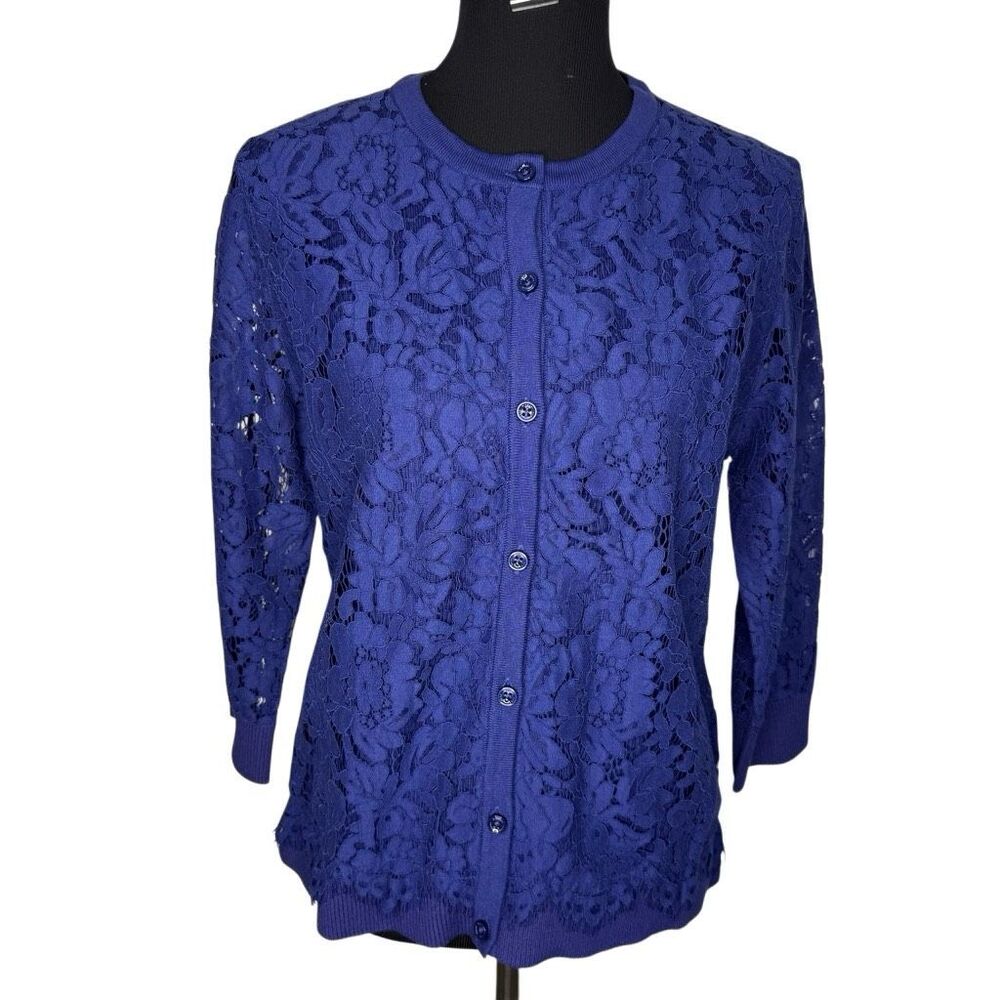 Isaac Mizrahi Live Blue Floral Lace Button Front Cardigan Sweater Size Small NWT